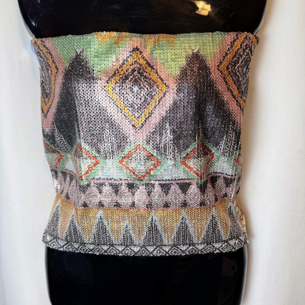 Sequin Tube Top Medium Multicolor Strapless Festival Boho Y2K Southwestern Aztec